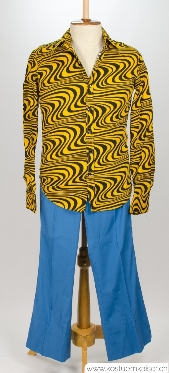 70er Jahre Hemd mit Schlaghosen gelb/blau