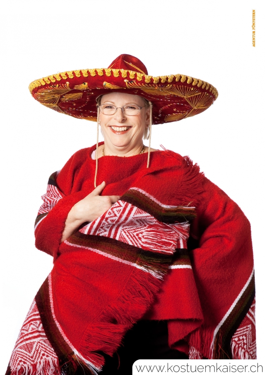 Mexikanerin mit Poncho und Sombrero